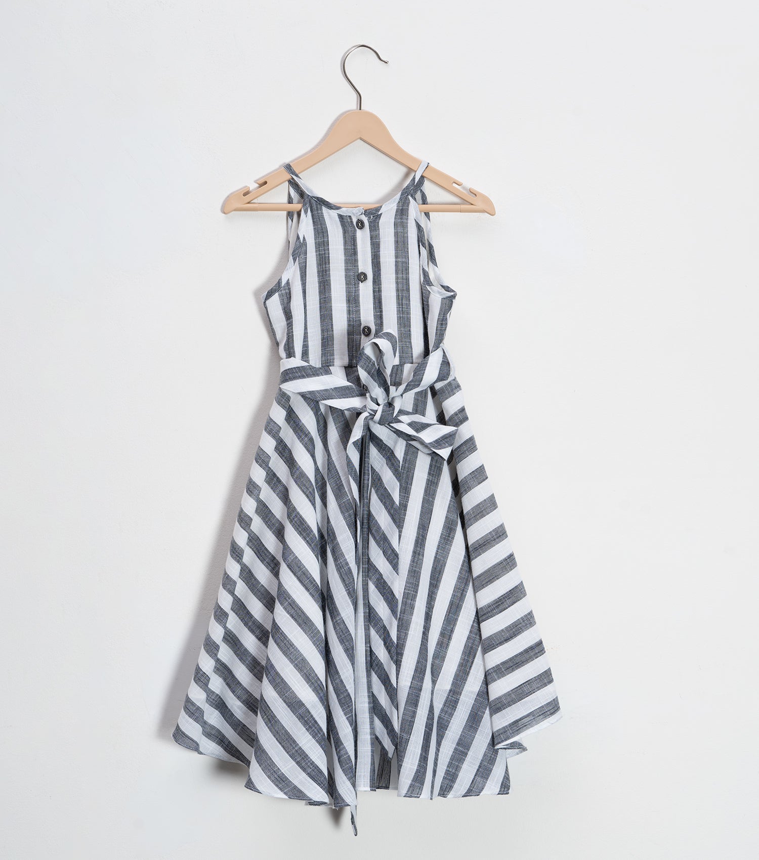 Woven Striped Sleeveless Back Tie-Up Dress for Girls