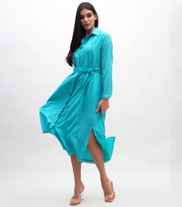 Aqua Blue Cotton Printed Shirt Dress with Belt & Lace Detailing