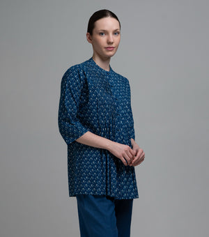 Indigo Pintuck Printed Top