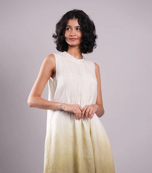 White & Beige Ombre Cotton Linen Pintuck Dress