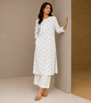 White Printed Cotton Kurta