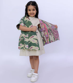 Green Vintage Cotton Kantha Jacket For Kids