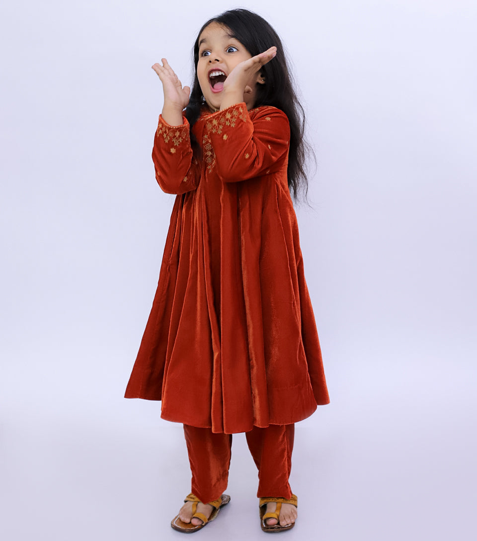 Rusty Orange Embroidered Velvet A-line Kurta Set with Pants & Dupatta for Girls