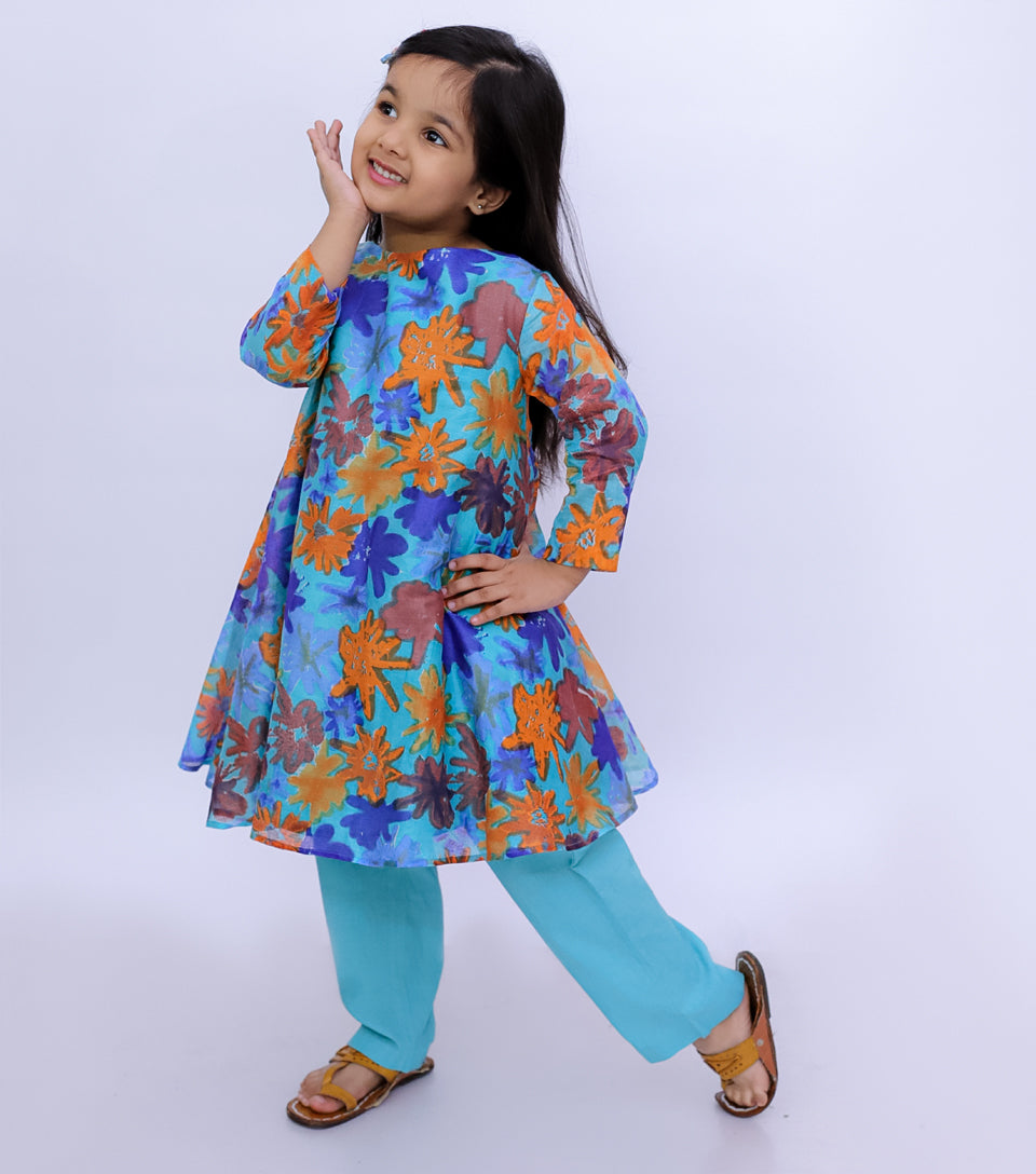 Blossom Bliss Floral Fantasy Cotton Kurta Set for Girls