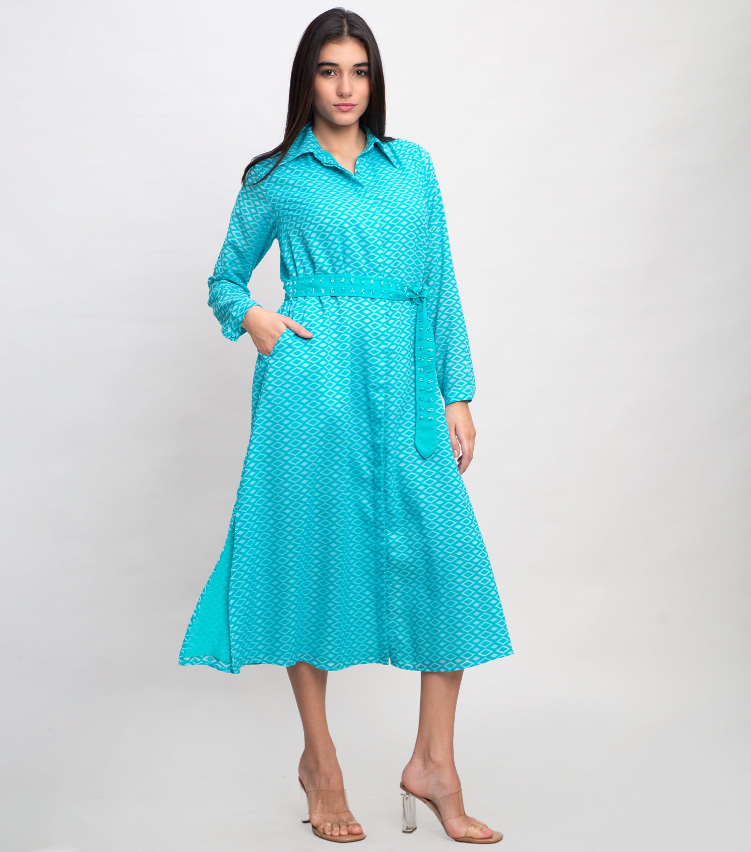 Aqua Blue Cotton Printed Shirt Dress with Belt & Lace Detail
