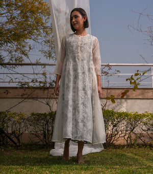 Chanderi Overlay Sheer Dress with Printed Slip