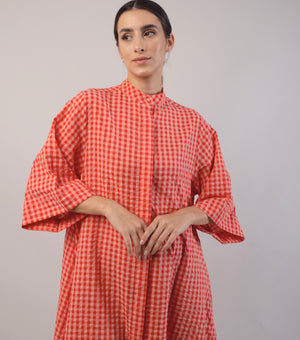 Red Chequered Cotton Shirt Dress