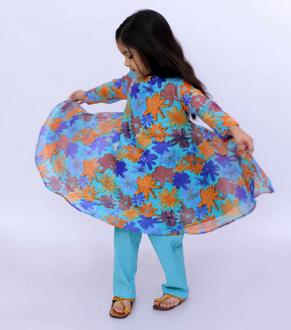 Blossom Bliss Floral Fantasy Cotton Kurta Set for Girls