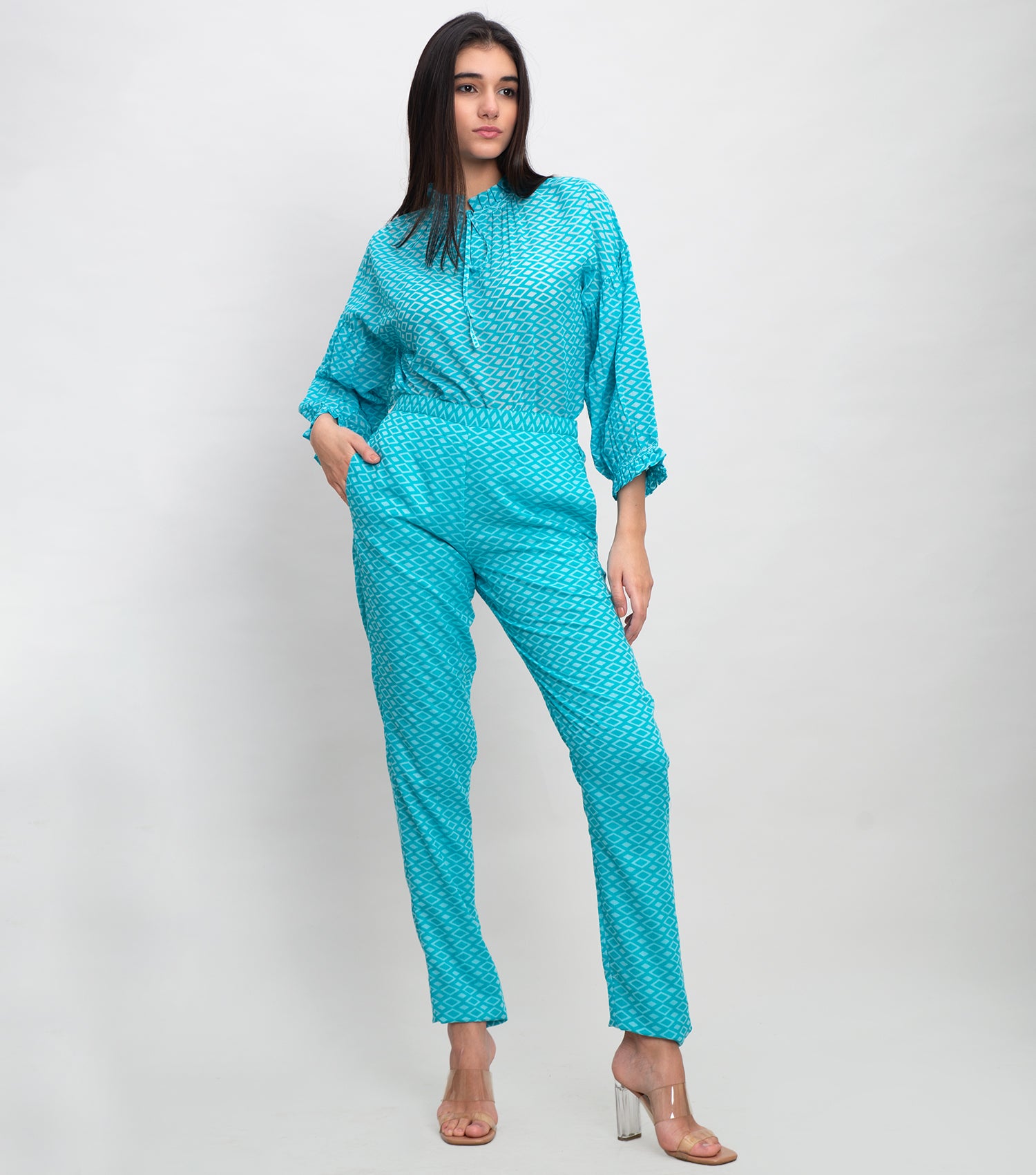 Aqua Blue Cotton Printed Straight Pant with Side Zipper