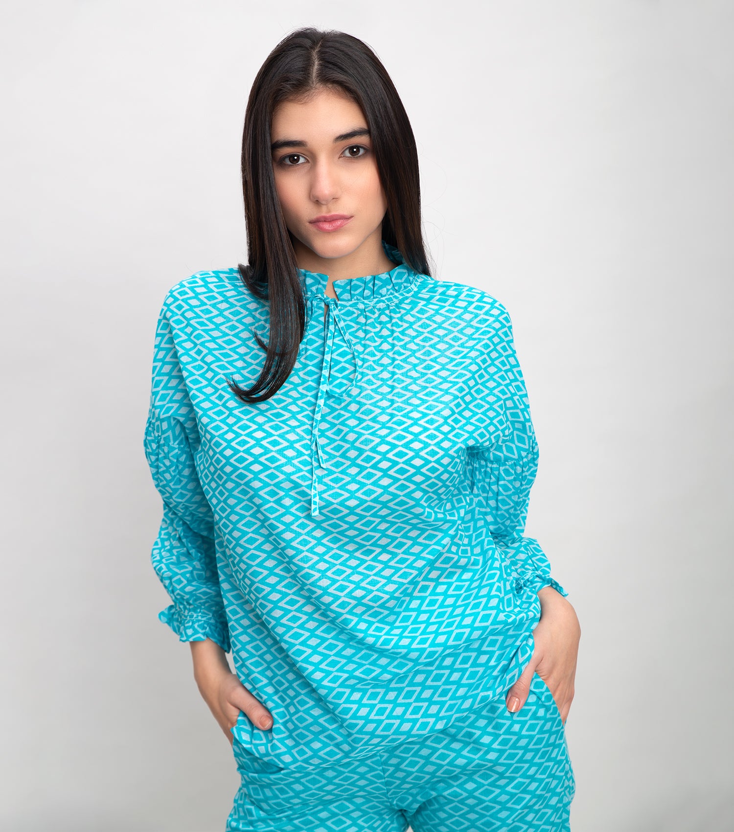 Aqua Cotton Printed Top with Frill On Neckline & Cuff Sleeve
