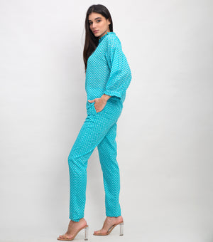 Aqua Blue Cotton Printed Straight Pant with Side Zipper