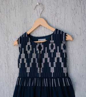 Navy Woven Design Cotton Dress for Girls