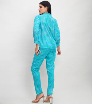 Aqua Blue Cotton Printed Straight Pant with Side Zipper