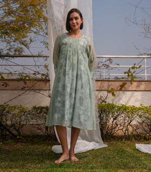 Sage Bloom Overlay Sheer Dress with Printed Slip