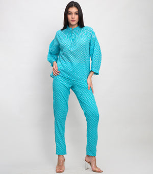 Aqua Blue Cotton Printed Straight Pant with Side Zipper
