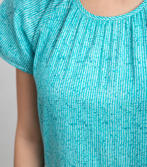 Aqua Blue Cotton Printed Maxi with Stitch line & Pleated Tier