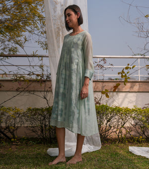 Sage Bloom Overlay Sheer Dress with Printed Slip