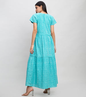 Aqua Blue Cotton Printed Maxi with Stitch line & Pleated Tier