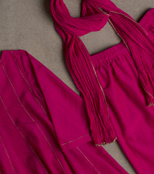 Hot Pink Cotton Flared Kurta & Pants Set