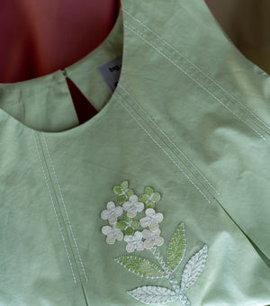 Mint Floral Embroidered A-Line Dress For Girls