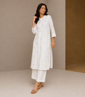 White Printed Cotton Shirt Kurta