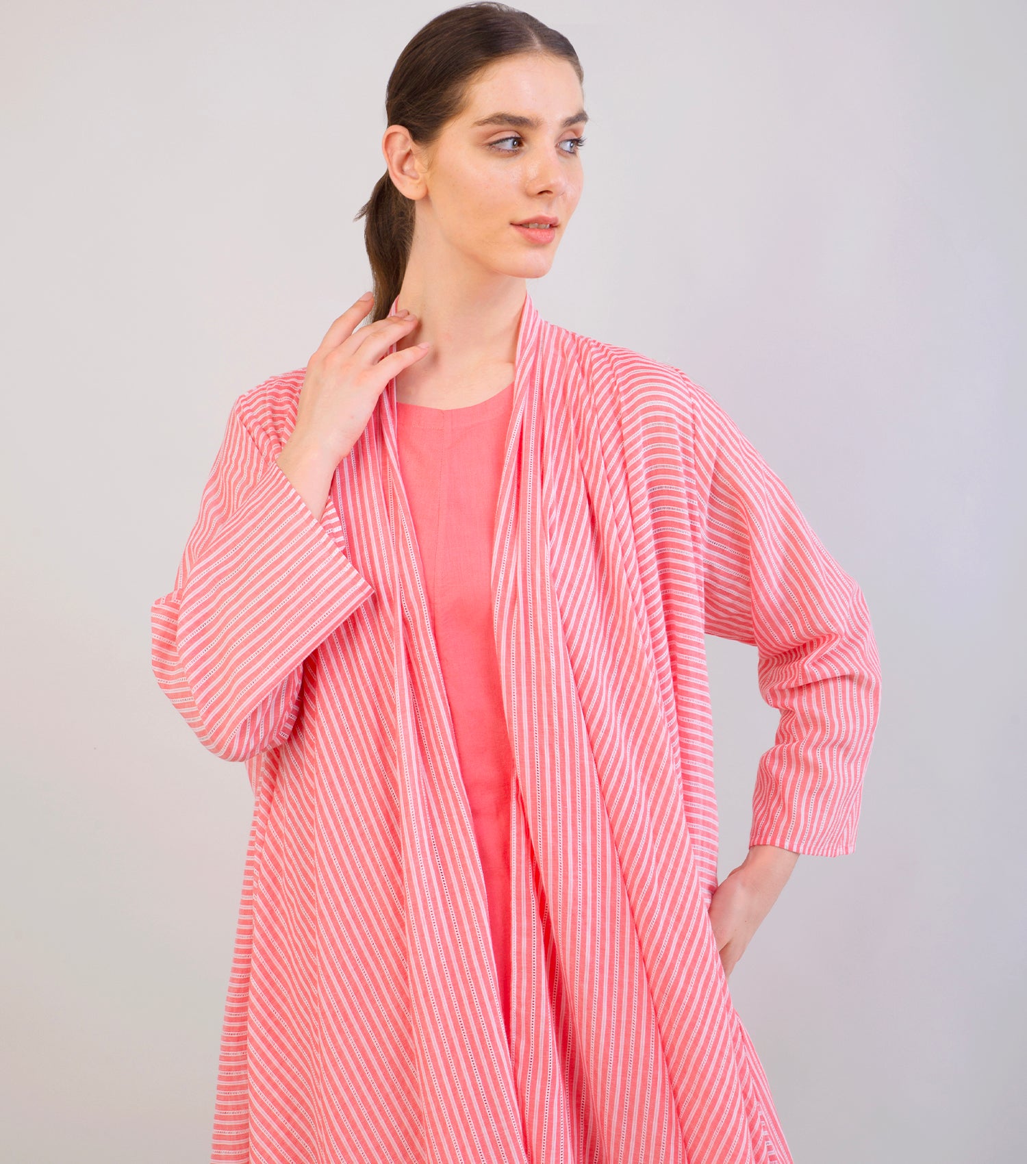 Pink Striped Woven Cotton Overlay & Dress