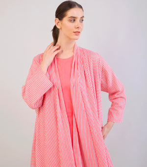 Pink Striped Woven Cotton Overlay & Dress