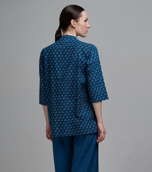 Indigo Pintuck Printed Top