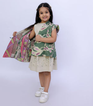 Green Vintage Cotton Kantha Jacket For Kids