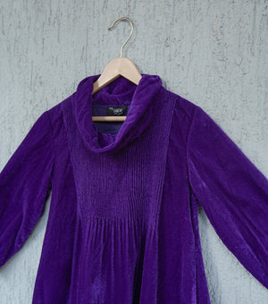 Purple Velvet Cowl Neck Pleated Winter Dress
