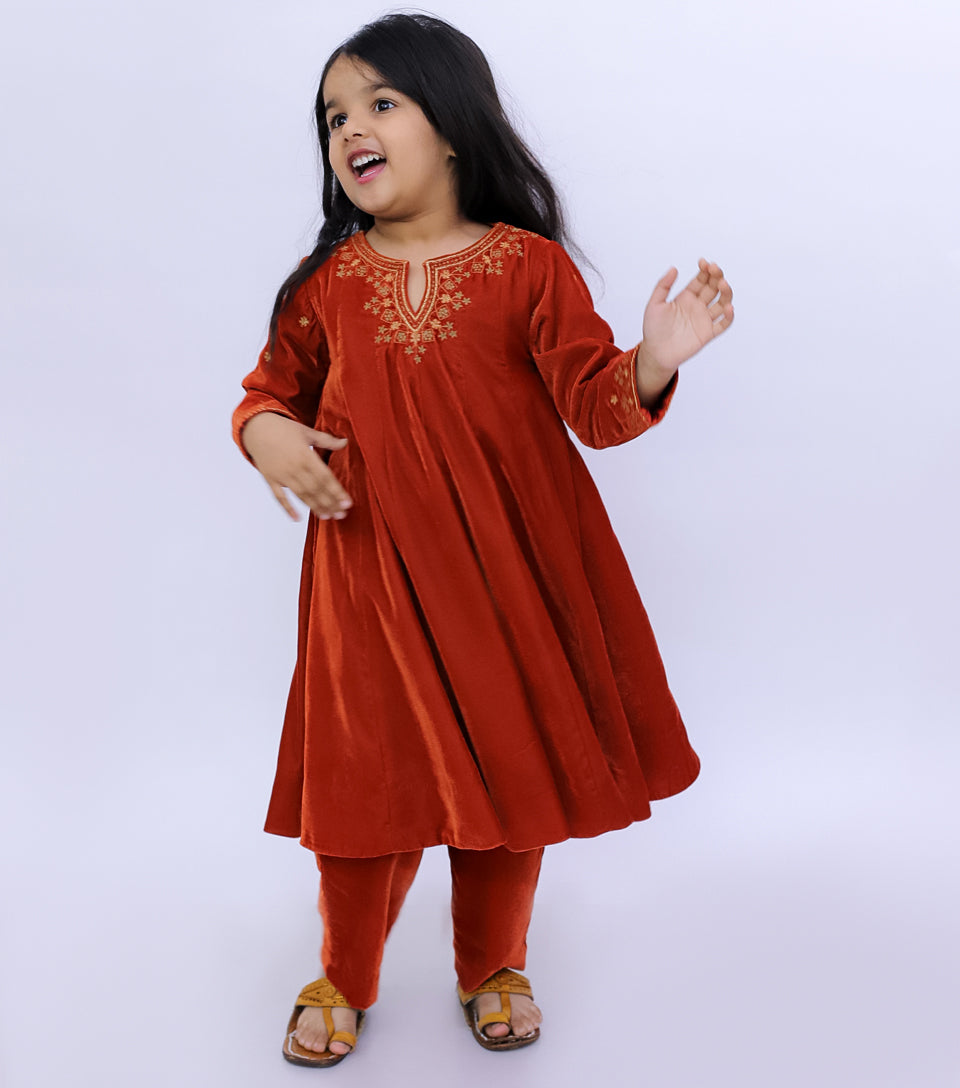 Rusty Orange Embroidered Velvet A-line Kurta Set with Pants & Dupatta for Girls