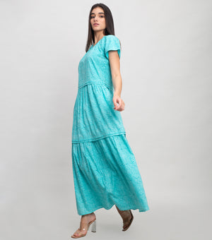 Aqua Blue Cotton Printed Maxi with Stitch line & Pleated Tier