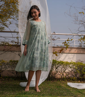 Sage Bloom Overlay Sheer Dress with Printed Slip