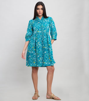 Aqua Blue Cotton Printed Mini Dress with Frill & Pleat Detailing