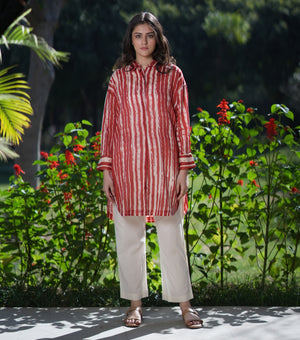 Red and Natural Soft Cotton Tunic and Pants Set