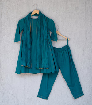 Teal Green Cotton Flared Kurta & Pants Set