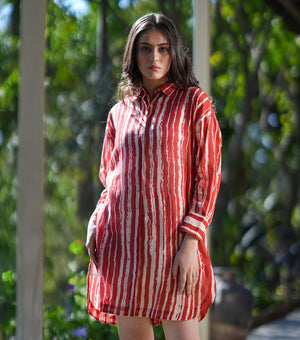 Red and Natural Soft Cotton Printed Short Dress