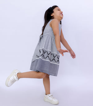 Woven Design Gathered Dress For Girls