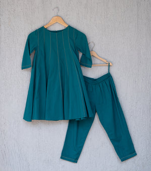 Teal Green Cotton Flared Kurta & Pants Set
