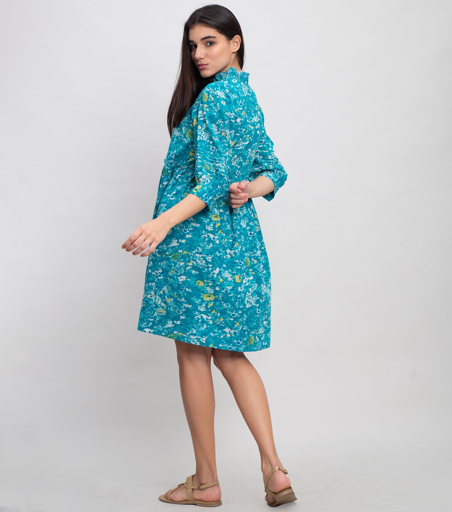 Aqua Blue Cotton Printed Mini Dress with Frill & Pleat Detail