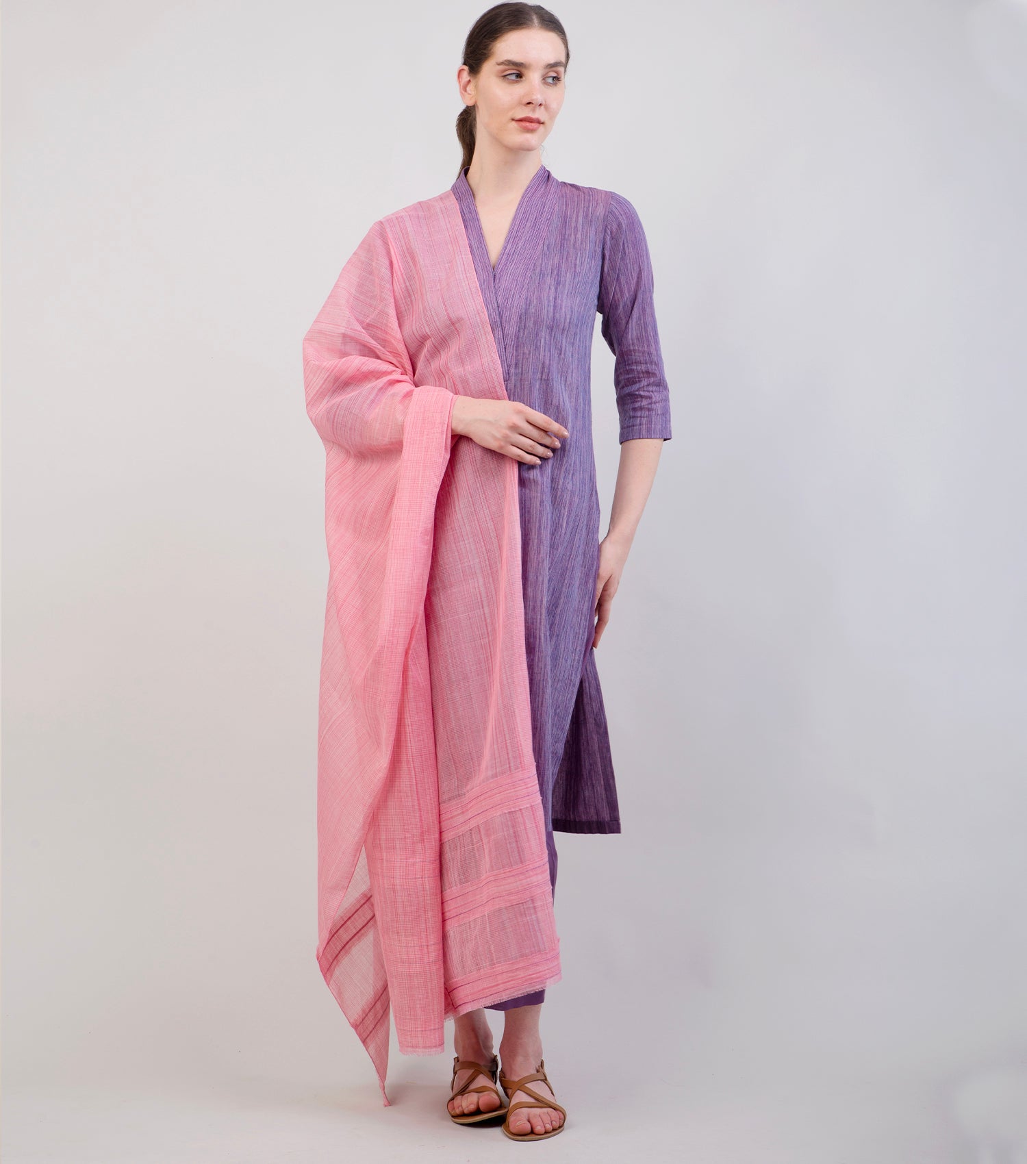 Purple Woven Cotton Kurta Set with Pink Dupatta