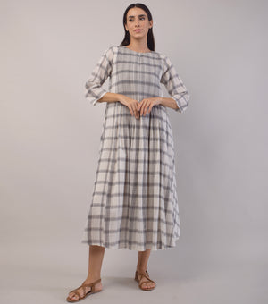 Ivory Woven Cotton Checkered Dress