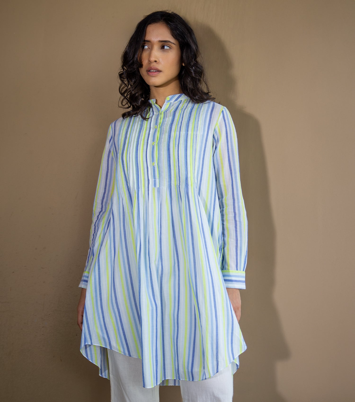 STRIPED WOVEN COTTON PINTUCK TUNIC