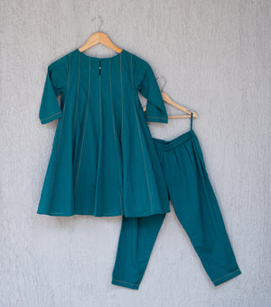 Teal Green Cotton Flared Kurta & Pants Set