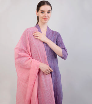 Purple Woven Cotton Kurta Set with Pink Dupatta