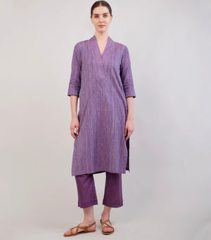Purple Woven Cotton Kurta Set with Pink Dupatta