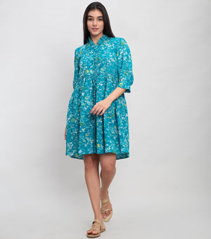 Aqua Blue Cotton Printed Mini Dress with Frill & Pleat Detailing