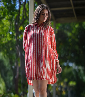 Red and Natural Soft Cotton Printed Short Dress