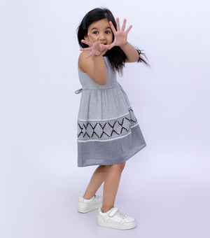 Woven Design Gathered Dress For Girls