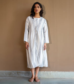 Ivory & Black Striped Woven Cotton Overlay and Dress